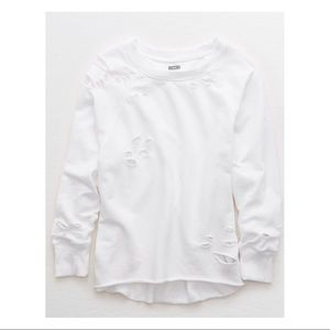 Aerie White Distressed Crewneck